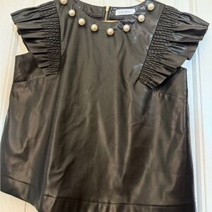 Lilly Mae’s Pearl detail faux leather ruffle sleeve sheath blouse